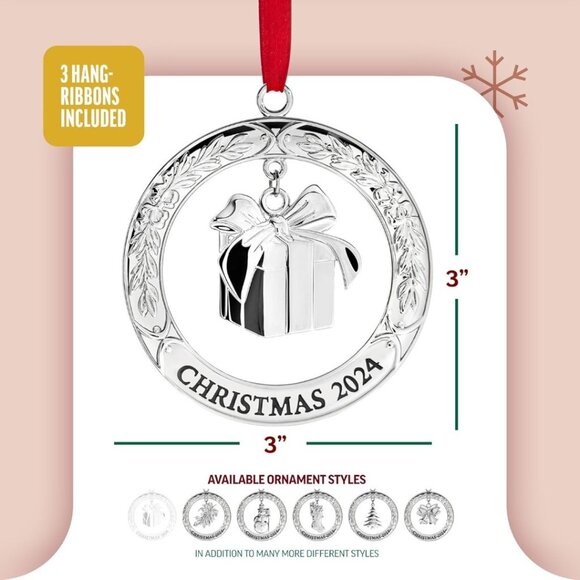 Christmas Silver 3" x 3" Wreath with Gift Box Pendant Engraved Tree Ornament - Picture 3 of 10